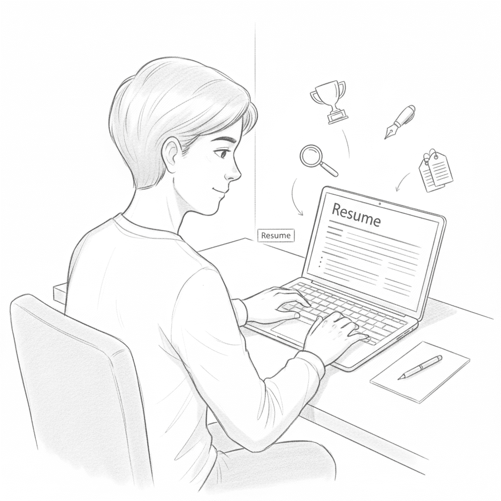 Young student working on laptop, improving resume