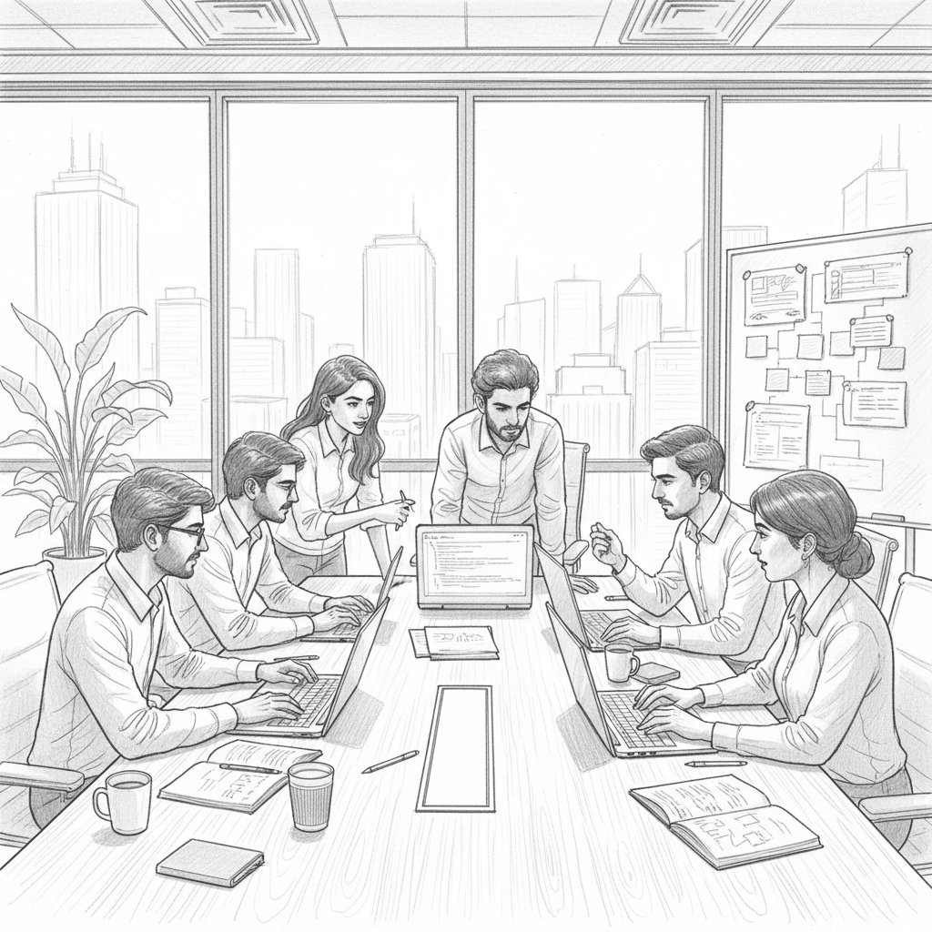 Interns working together on laptops in a modern office